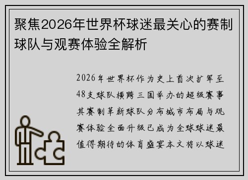 聚焦2026年世界杯球迷最关心的赛制球队与观赛体验全解析